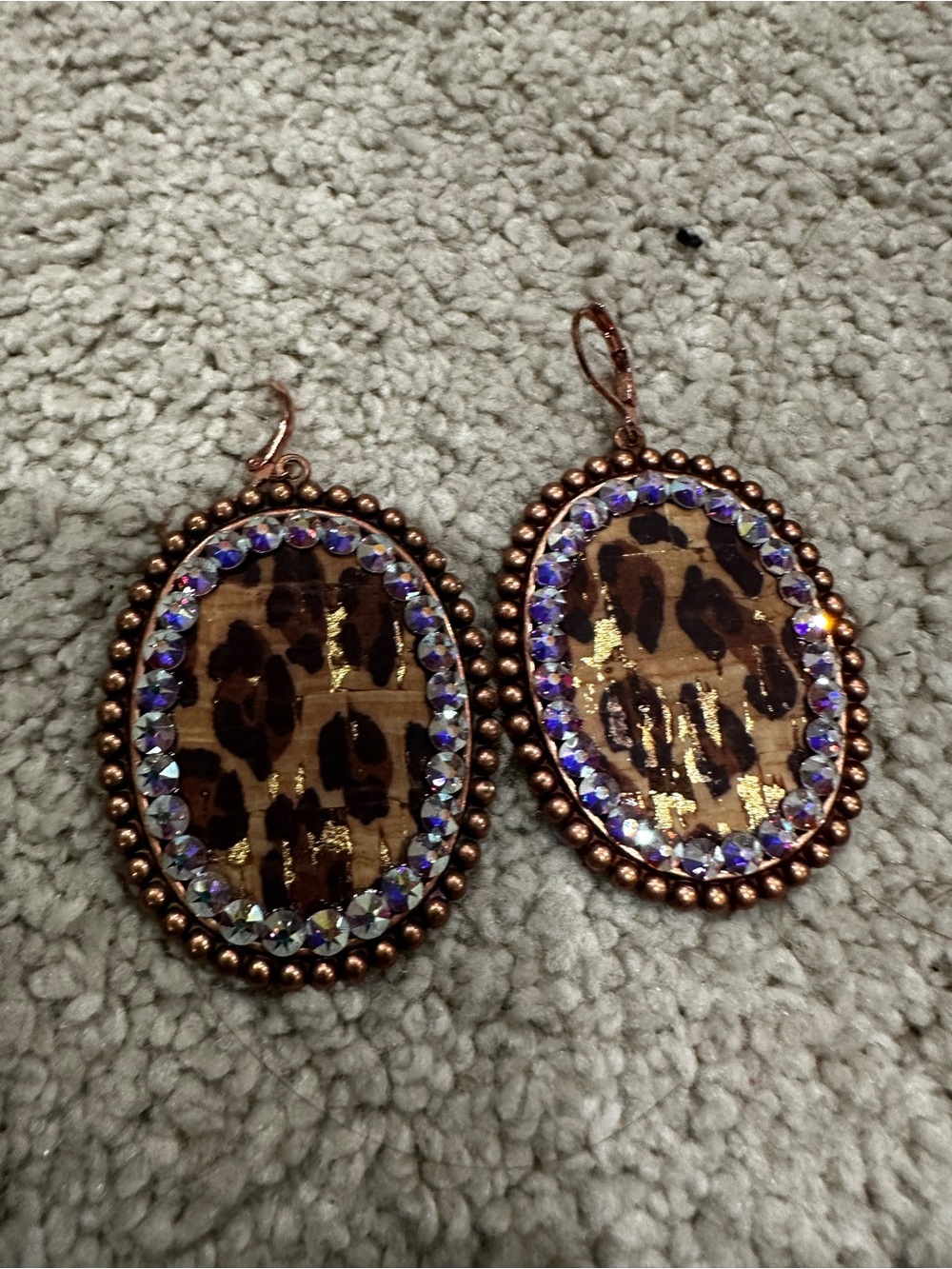 Copper-Tone Leopard Oval Drop Earrings with Purple Crystals